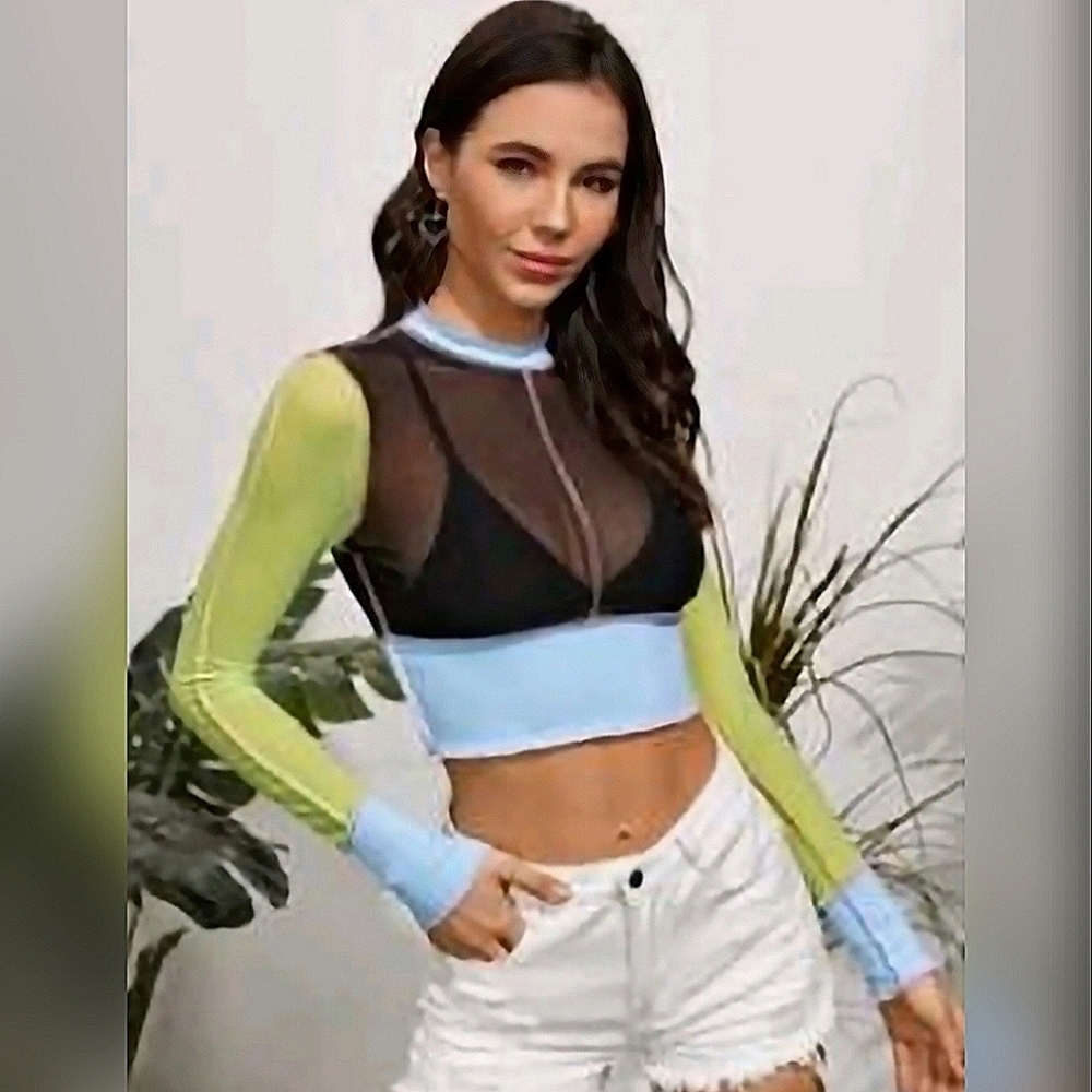 Mesh Baby Tee Colorblock Sheer Longsleeve Top Black Green Baby Blue L